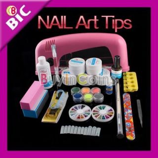 Gel Lamp Dryer Nail Art Acrylic Powder Tips Glitter Polish Set Kit
