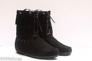 Womens Fringe Mid Calf Boots Round Toe Flat Heel Boot Shoes All Size