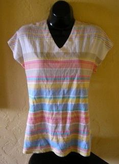 1980s vintage cute white rainbow striped stretch tunic shirt size