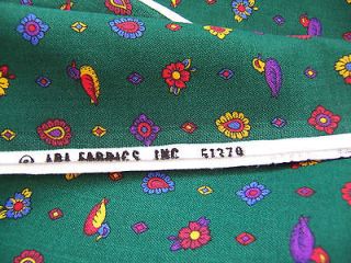 Rich Green Cotton Fabric w/Flowers&Ducks Red Purple Yellow  3.44 yds