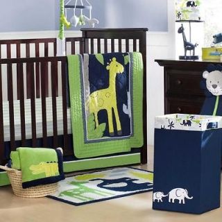 5p Green and Blue Jungle Safari Giraffe Neutral Baby Crib Bedding Set