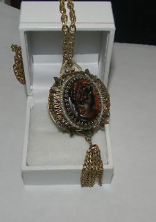 Vintage Amber Glass Cameo Gold Filigree Pendant Tassels Watch Lucerne