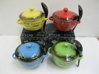 SOUP BOWL WITH LID & SPOON RED, GREEN, YELLOW & BLUE