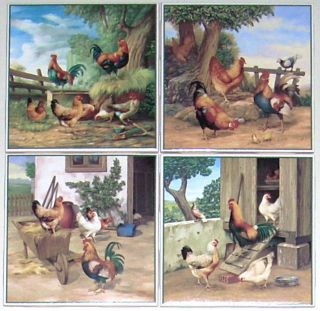 Rooster Ceramic Tile Chickens Hens Barnyard Mural 4.25 Kiln Fired