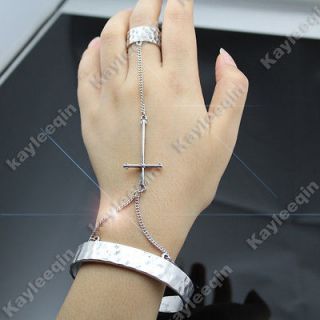 Vintage Silver Cross Slave Chain Hand Harness Hammered Bracelet Bangle