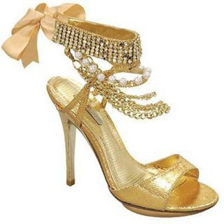 GOLD ANKLE CHAIN PEARL DIAMANTE CUFF RIBBON TIE BACK HIGH HEELS