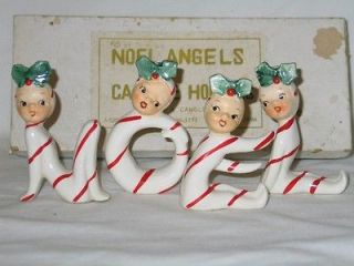 Ceramic Pixie Elf Candy Cane Noel Angel Candle Holders IOB 50s