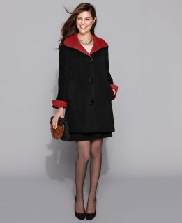 ELLEN TRACY Black and Red Wool Angora Bl​end Colorblock Swing Coat