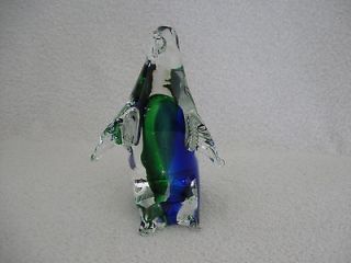 Vintage Blue & Green Art Glass Penguin Paperweight with Murano Label