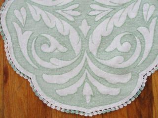 Vintage Green & White Feather Scrolls Swedish Embroidered Huck Linen