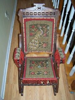 ANTIQUE VINTAGE ROCKING CHAIR WITH CLOTH PATTERN BIRD SOLID WOOD VERY