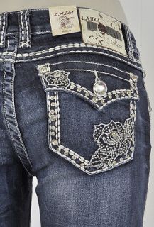 La Idol Boot Cut Jeans W/ White Stitching And Rose Studs Jewel Design
