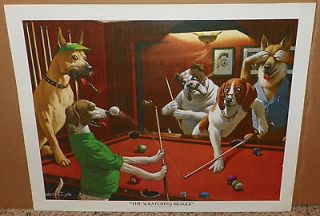 Large Original Arthur Sarnoff Litho Poster DOGS PLAYING POOL