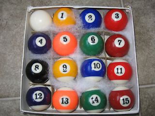 Complete set of 16 mini pool balls in box. 1 3/8 Clean Game crafts