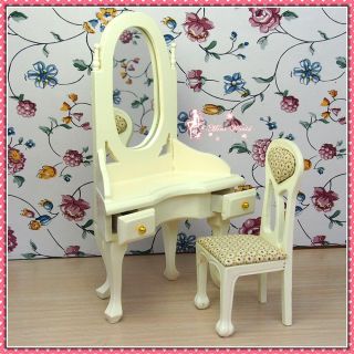 Dollhouse Miniature 112 bedroom Wooden Cream Dressing Table and Chair