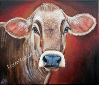 Brown Swiss Jersey cow calf farm primitive dairy fine art painting
