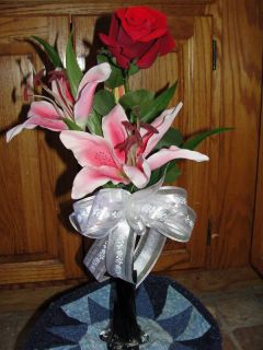 Silk Flower Bud Vase Stargazer Lilies Velvety Red Rose Celebrations