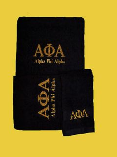 ALPHA BLACK 3pc Bath, Hand & Wash Cloth Towel Set w Gold Embroidery