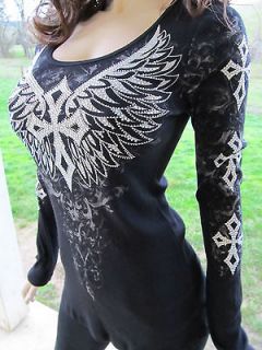 Vocal Black Stones Cross Crystals Wing Top Shirt Western Bling Sexy S