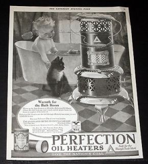 MAGAZINE PRINT AD, PERFECTION OIL HEATERS, BABY IN TUB WITH CAT ART