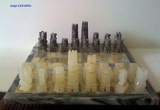 Vintage Grey Marble Mexican Aztec figurines Chess Game Board