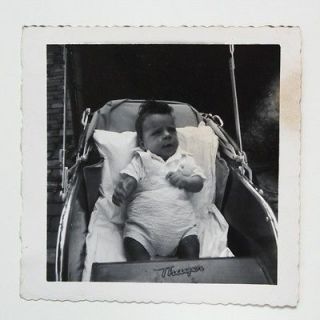 Snapshot Photo 1950s Baby Boy Overalls Thayer Baby Stroller Carriage