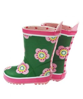 TOBY TIGER Green Pea Flower Wellington Boots Cotton Lined Girls Rain