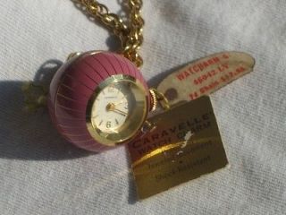 60s Vintage CARAVELLE BALL PENDANT WATCH & CHAIN 17 jewel GUILLOCHE