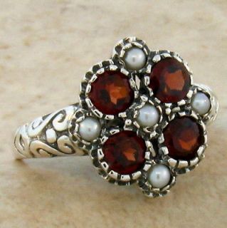 NATURAL GARNET SEED PEARL ANTIQUE STYLE .925 STERLING SILVER RING Sz