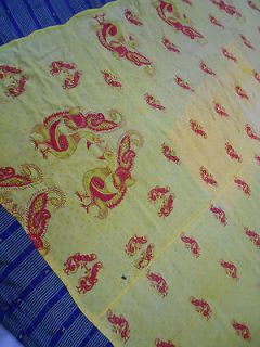 Vintage Kantha Quilt Throw Bedspread Reversible Yellow Red peacocks