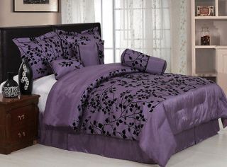 7pcs Purple Velvet Floral Comforter Bed in a Bag Set Queen