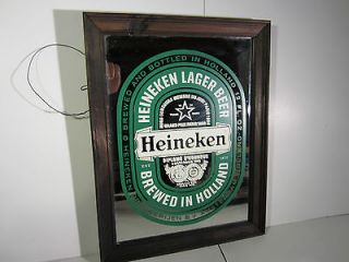 Retro Heineken Beer Bar Lager Pub Mirror Sign Wood Frame Holland RARE