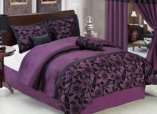 7Pcs Queen Purple and Black Floral Flocked Comforter Set