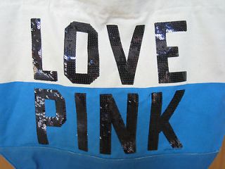 VICTORIAS SECRET love pink blue sequin bling large canvas tote bag