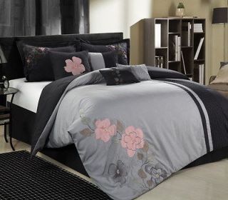 Charcoal, Gray & Pink 8 Piece Queen Comforter Bed In A Bag Set NEW