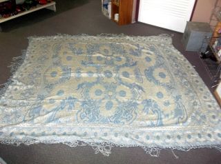 Italian Tapestry Bedspread with Fringe Queen Size Cream and Sky Blue