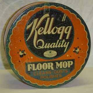 Antique 1940s Kellogg Quality Floor Mop Advertising Tin Orange Great