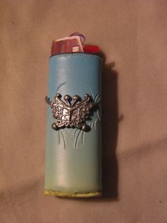 Lt Yellow Pewter Butterfly Faux Leather Bic Lighter Holder Cover Nwot