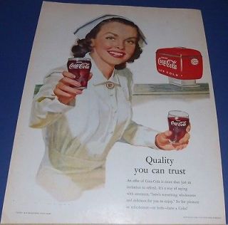 1952 COKE Coca Cola Ad ~ NURSE offers a fountain dispenser glass