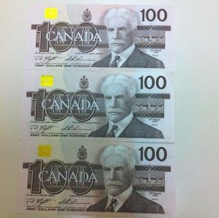 Consecutive Bank Of Canada 1988 $100 Canadian Bank Notes Rare