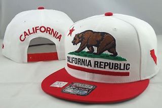 CALIFORNIA REPUBLIC EMBROIDERED FLAT BILL SNAPBACK CAP HAT WHITE RED
