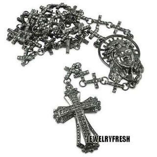 Gunmetal Iced Out Cross Links Rosary w/ Jesus Piece
