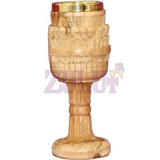 Engraved Last Supper Church Gold Plated Trim Chalice Olive Wood (Ow