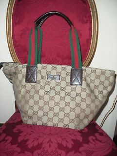 Auth. Gucci small monogram tote bag shopper brown handbag canvas