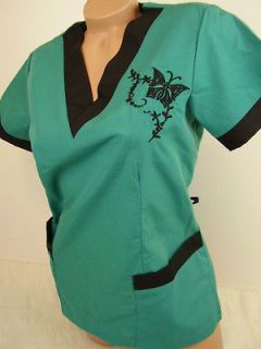 New Nursing Scrub Hunter Green Black Embroidery Butterfly Poly/Cotton