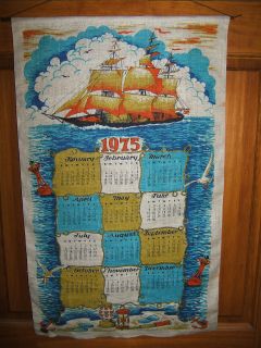 1975 vintage linen wall calendar with NO DOWEL, Sailing Ship