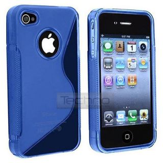 Blue TPU S line Back Cover Case for iPhone 4 4S + Full body films