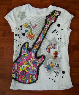 CHILDRENS PLACE White Black Pink Blue Guitar Rock Shirt Medium 7 / 8