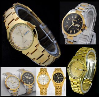 Classic Mens Golden Steel Wrist Watch Calendar Week&Day Diamonds