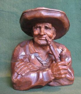 Antique Black Forest Carved Bust of Swiss Hunter Smoking Long Pipe